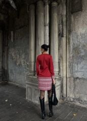 Kadın Uzun Kollu Bisiklet Yaka Kol Ağzı Ve Etek Ucu Baskılı Iki Iplik Elbise 2XL-3XL