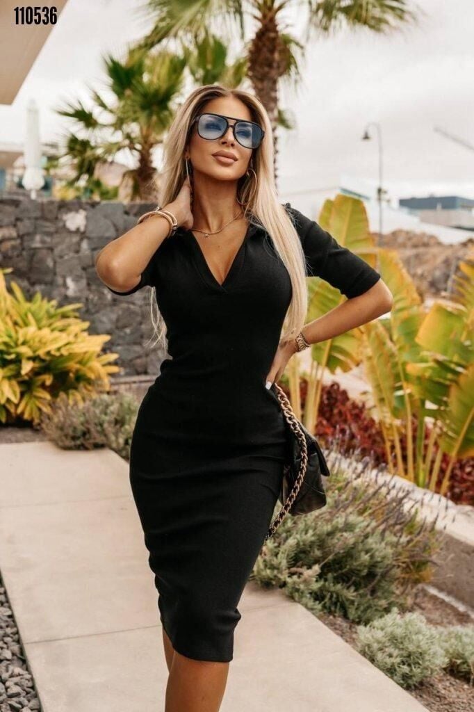 Kadın Kaşkorse Kumaş V Polo Yaka Kısa Kollu Yazlık/Günlük Siyah Elbise 2XL-3XL