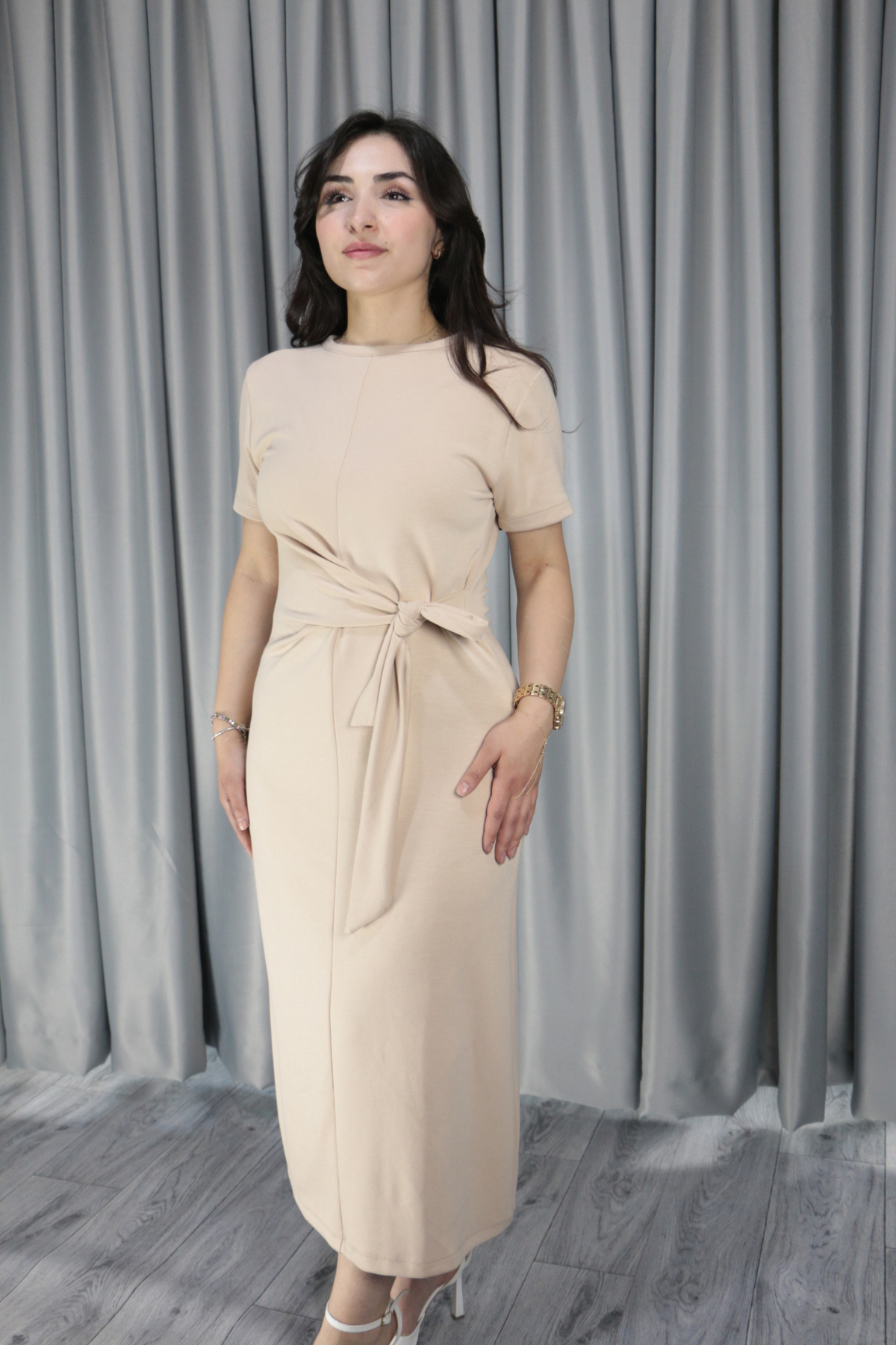 Kadın Modal Kumaş Belden Bağlama Detay Bej Elbise M