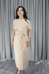 Kadın Modal Kumaş Belden Bağlama Detay Bej Elbise M