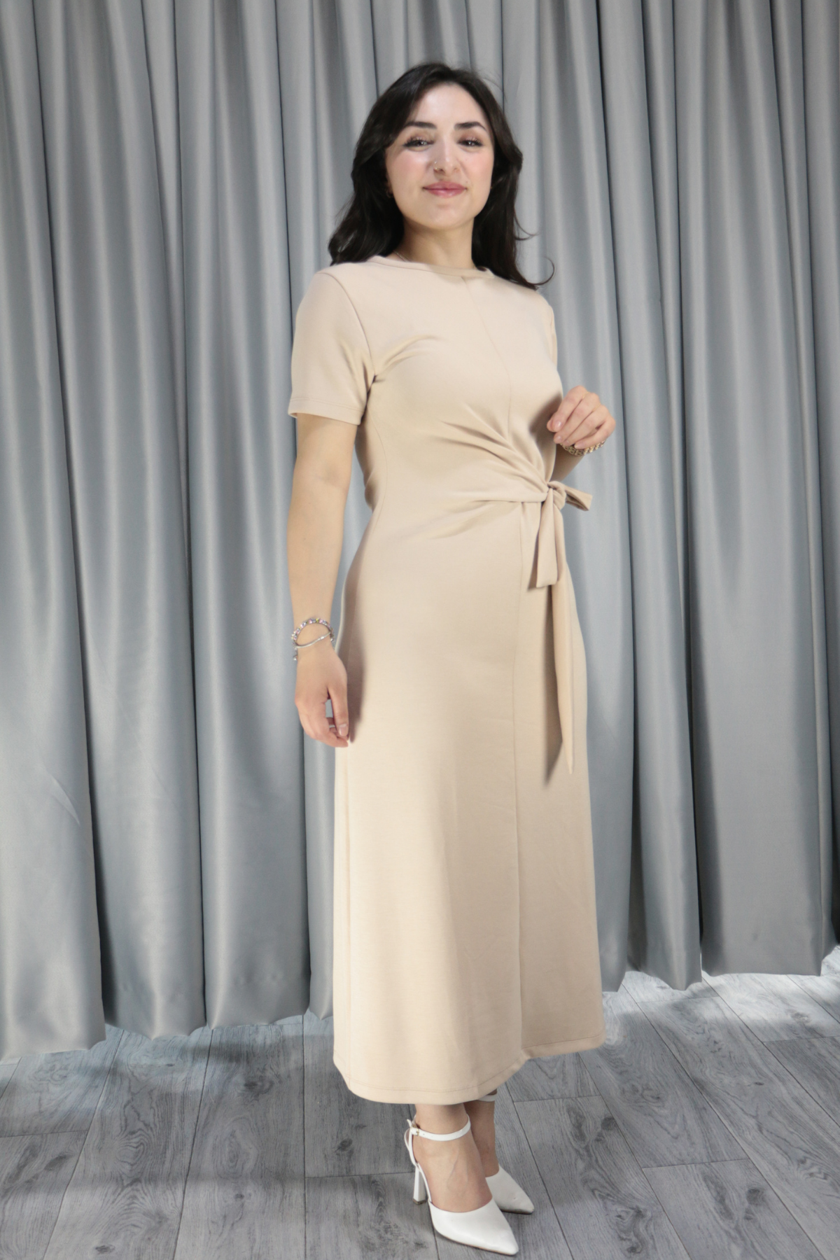 Kadın Modal Kumaş Belden Bağlama Detay Bej Elbise M