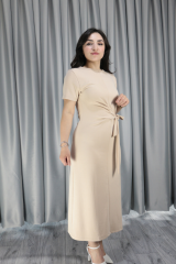 Kadın Modal Kumaş Belden Bağlama Detay Bej Elbise M