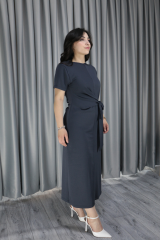 Kadın Modal Kumaş Belden Bağlama Detay Antrasit Elbise S