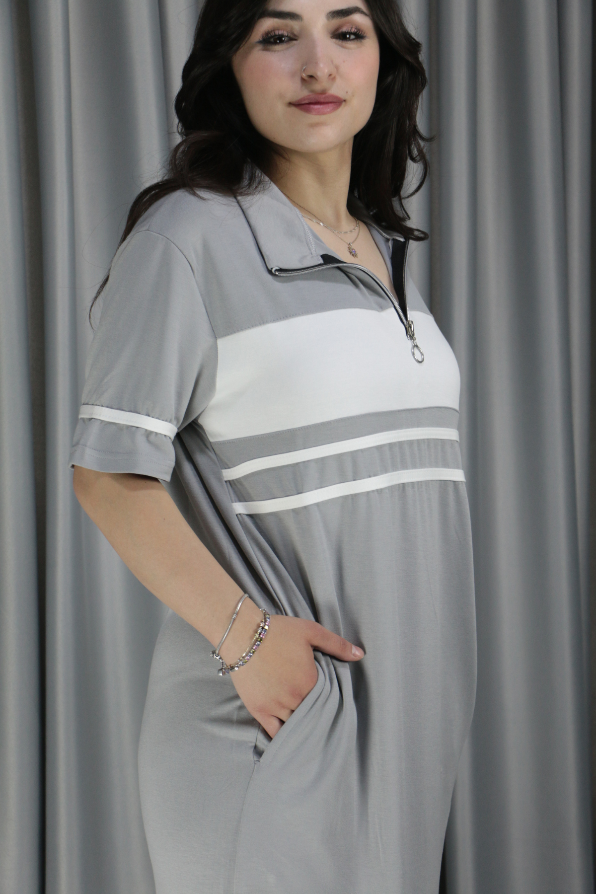 Kadın Modal Kumaş Şerit Ve Fermuar Detaylı Gri Elbise L