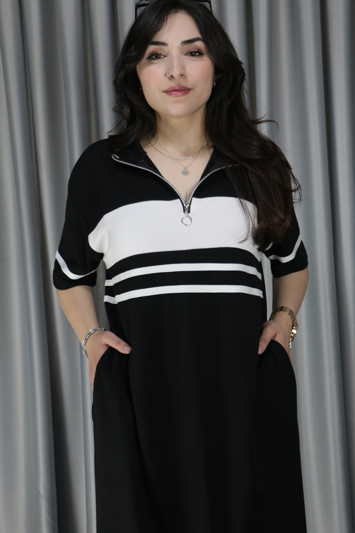 Kadın Modal Kumaş Şerit Ve Fermuar Detaylı Acı Kahve Elbise L