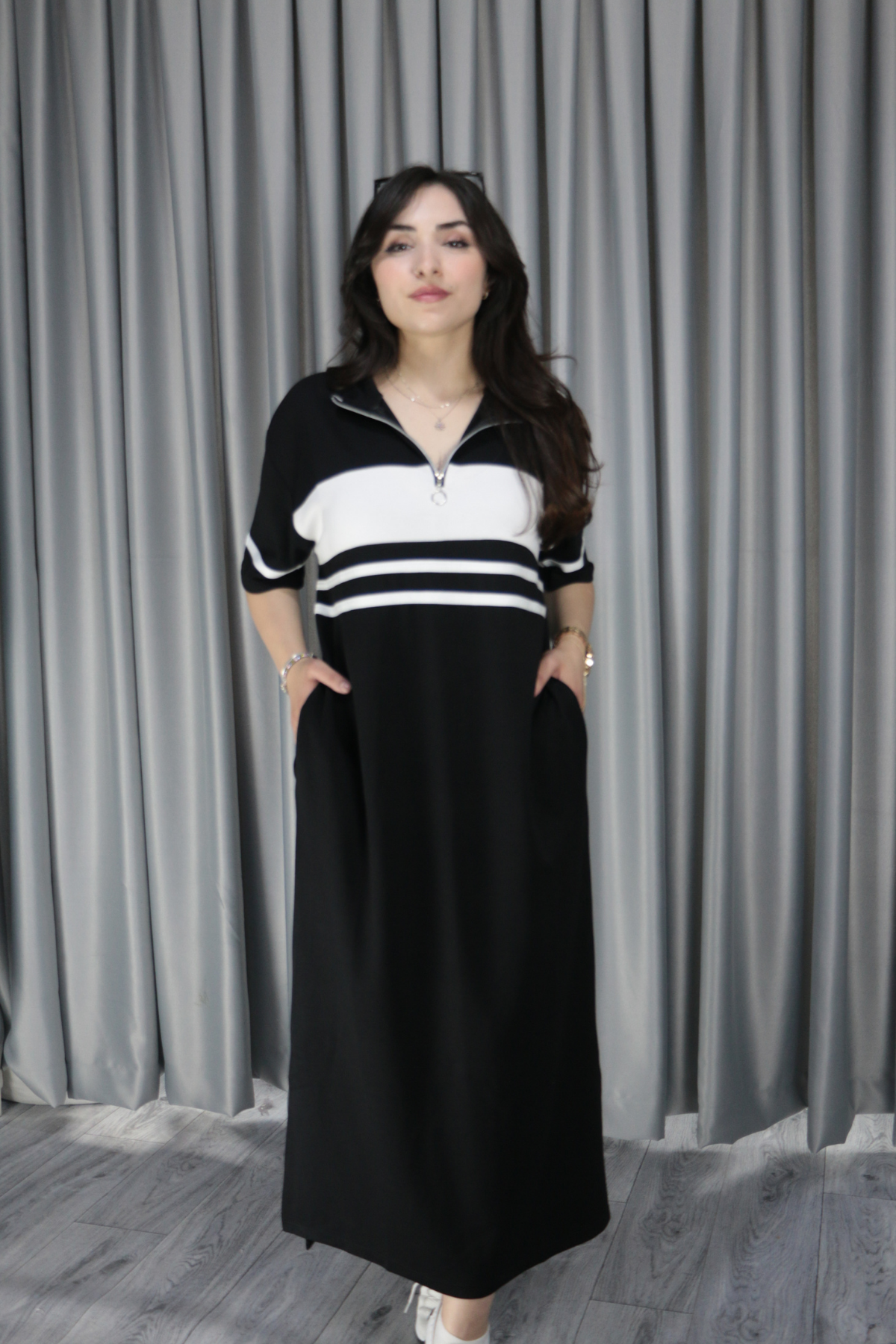 Kadın Modal Kumaş Şerit Ve Fermuar Detaylı Acı Kahve Elbise L