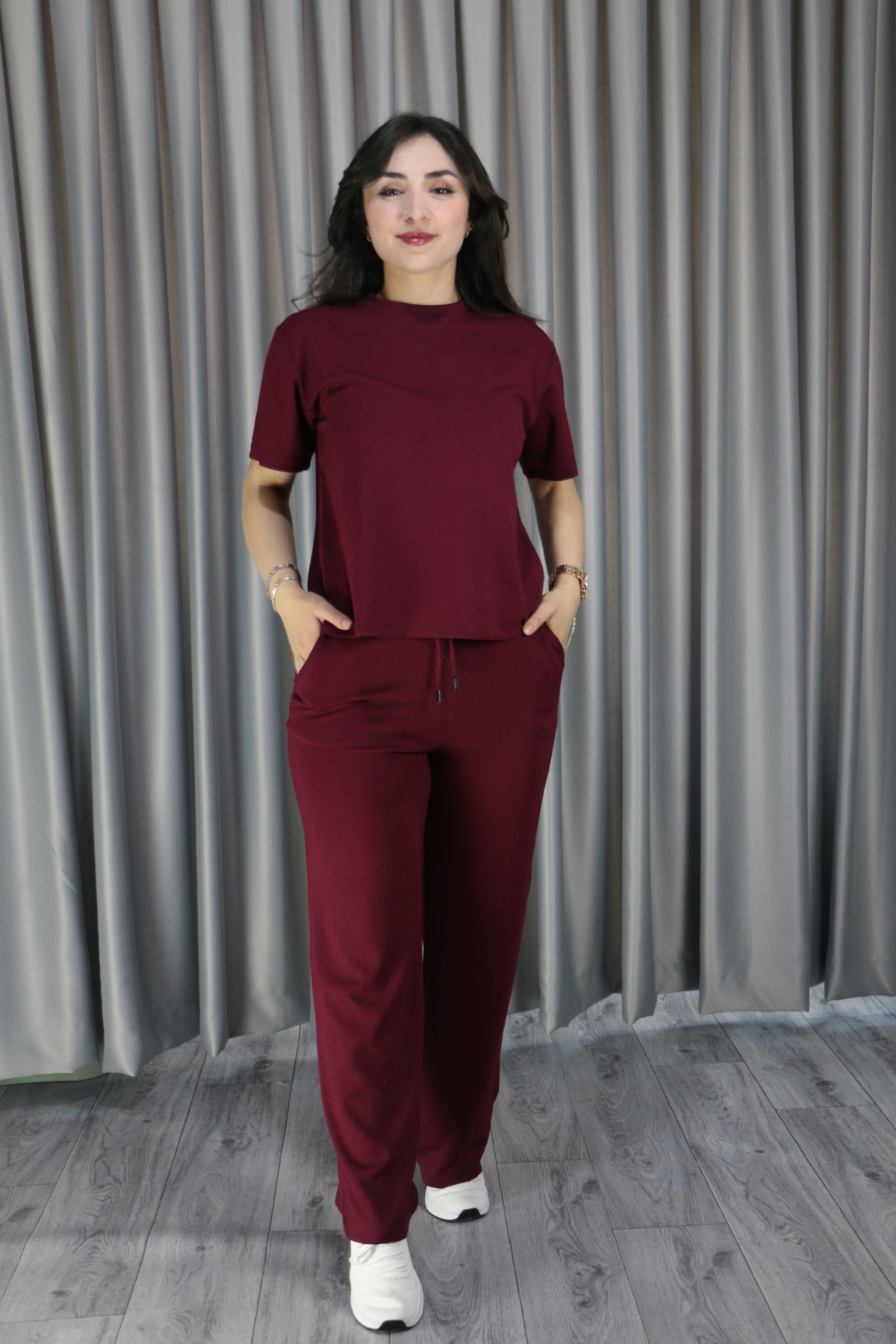 Kadın Bisiklet Yaka Modal Kumaş Bordo İkili Takım S