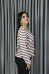 Premium Seri Kahverengi Çizgili Yaka Biyeli Sweat M