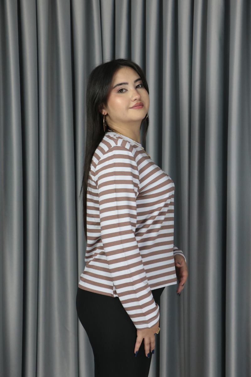 Premium Seri Kahverengi Çizgili Yaka Biyeli Sweat S