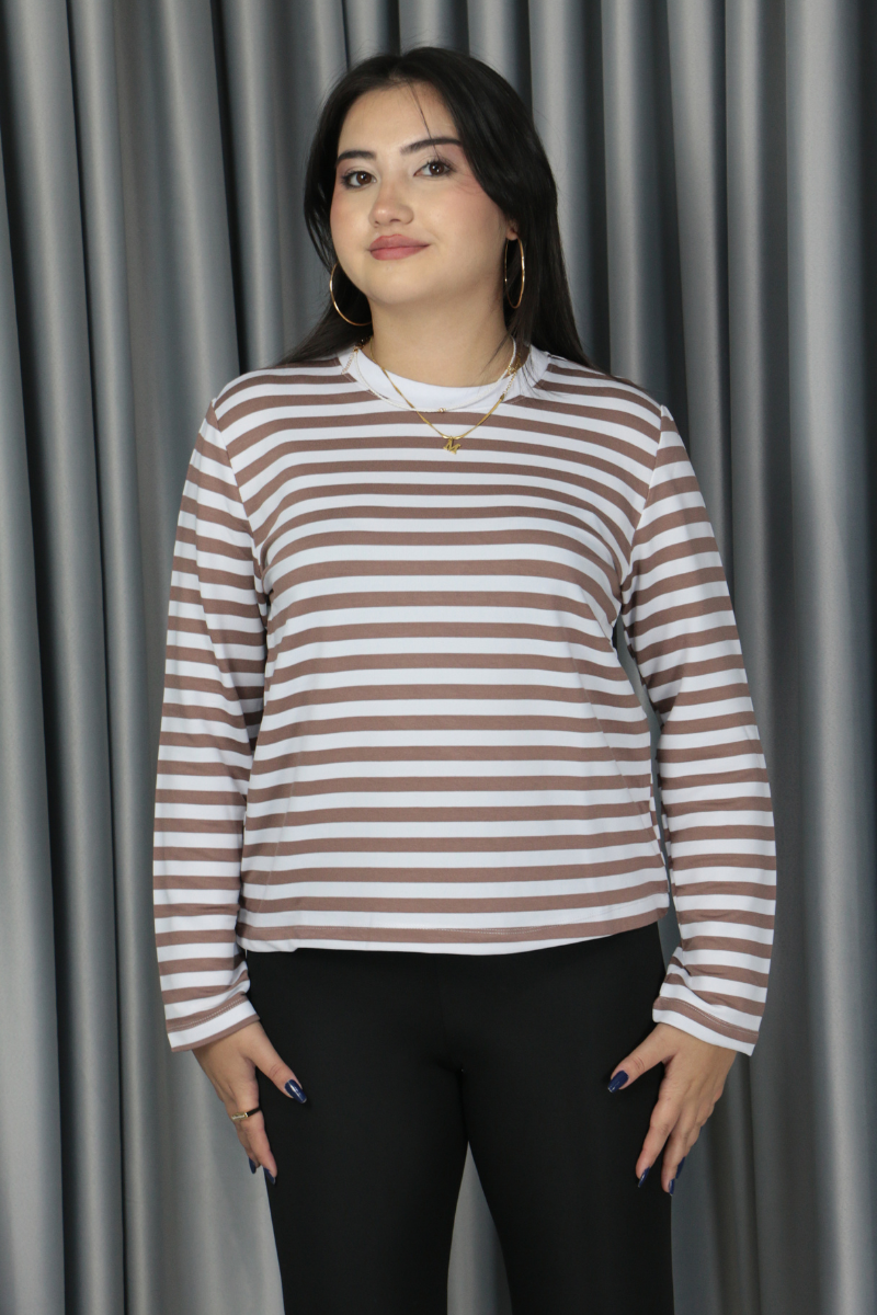 Premium Seri Kahverengi Çizgili Yaka Biyeli Sweat S