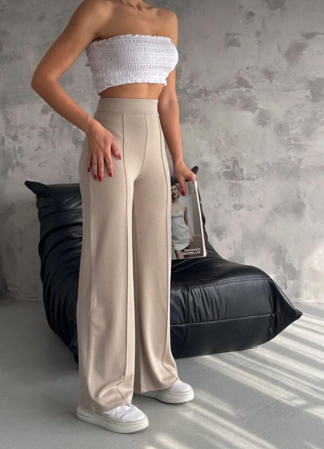 Kadın Yüksel Bel Çımalı Full Likralı Modal Kumaş Bol Paça Kapamasız Kumaş Pantolon S