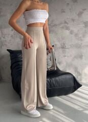 Kadın Yüksel Bel Çımalı Full Likralı Modal Kumaş Bol Paça Kapamasız Kumaş Pantolon S