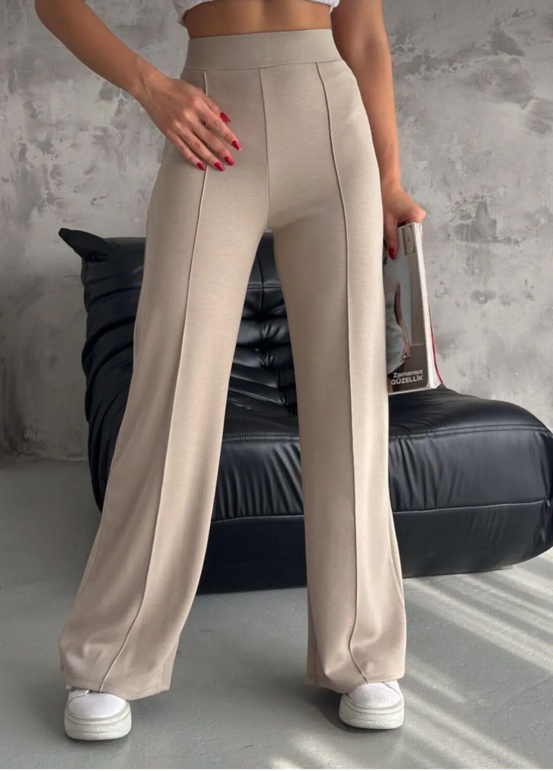 Kadın Yüksel Bel Çımalı Full Likralı Modal Kumaş Bol Paça Kapamasız Kumaş Pantolon S