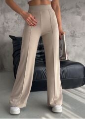 Kadın Yüksel Bel Çımalı Full Likralı Modal Kumaş Bol Paça Kapamasız Kumaş Pantolon S