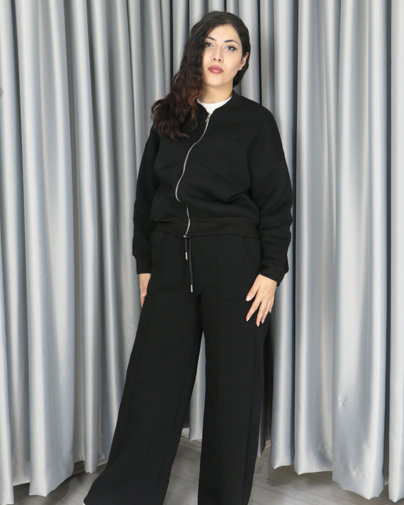 %100 pamuk 3 iplik şardonlu bomber ceketli takım M - siyah