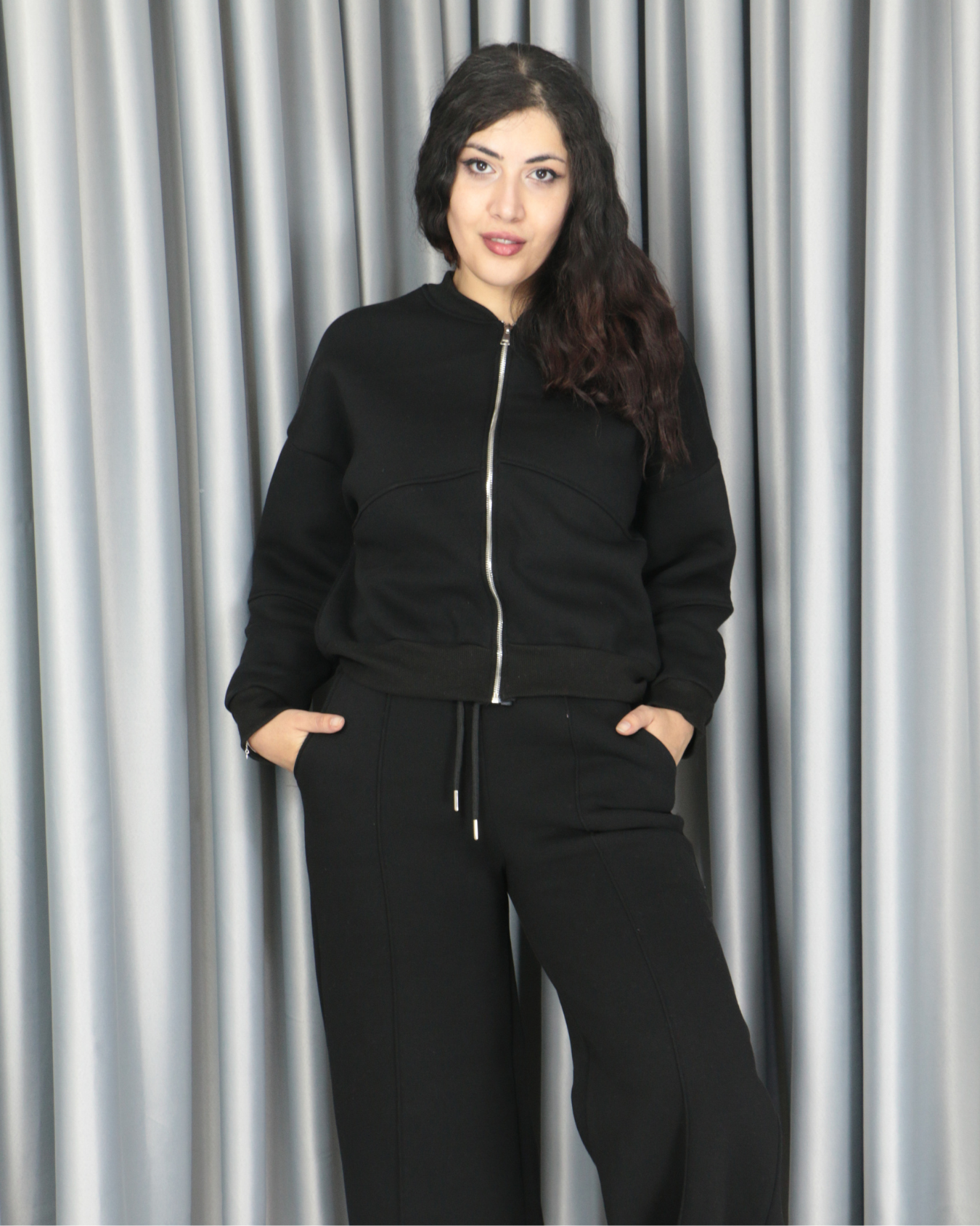 %100 pamuk 3 iplik şardonlu bomber ceketli takım 2XL - siyah