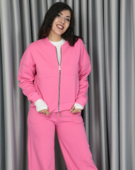 %100 pamuk 3 iplik şardonlu bomber ceketli takım 2XL - pembe
