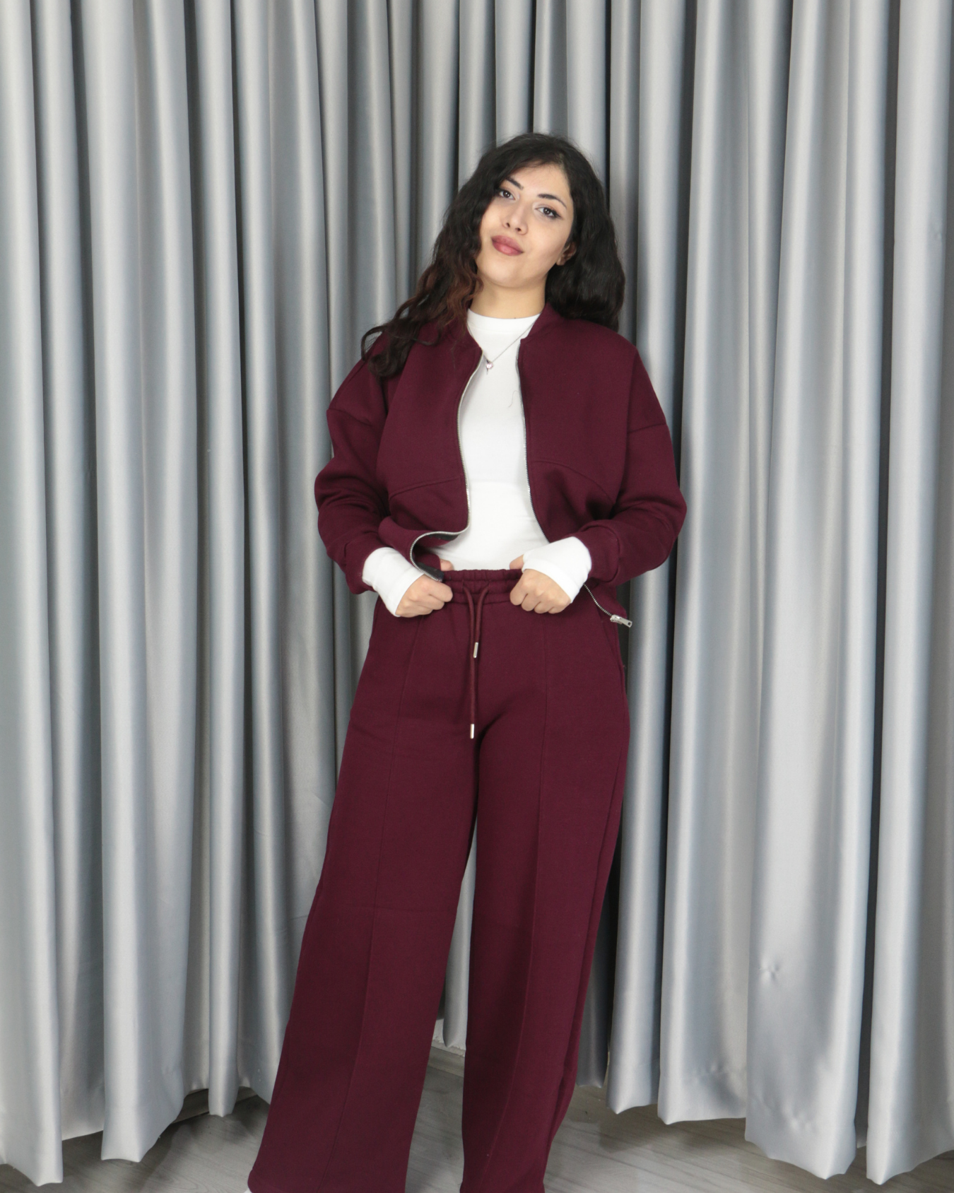 %100 pamuk 3 iplik şardonlu bomber ceketli takım L - bordo