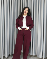 %100 pamuk 3 iplik şardonlu bomber ceketli takım L - bordo