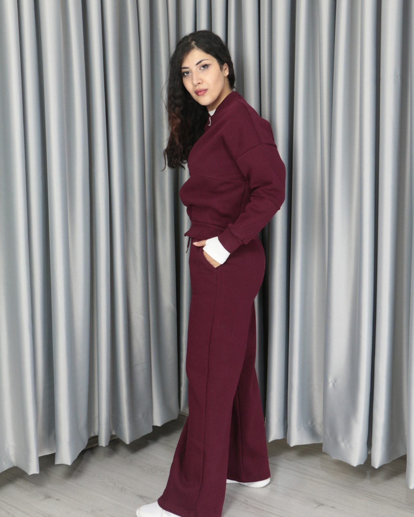 %100 pamuk 3 iplik şardonlu bomber ceketli takım XL - bordo