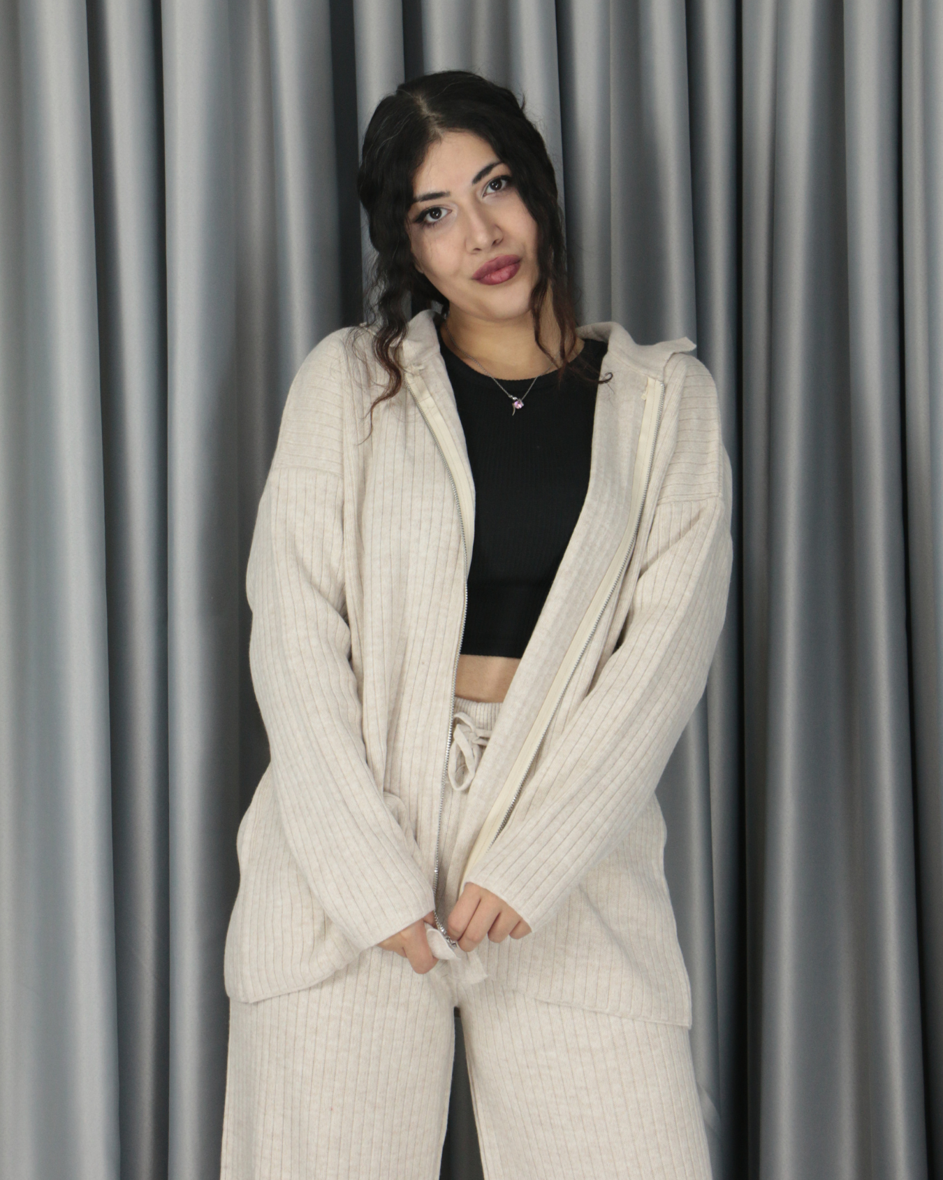 Yumuşak dokulu oversize standart triko takım Standart - krem