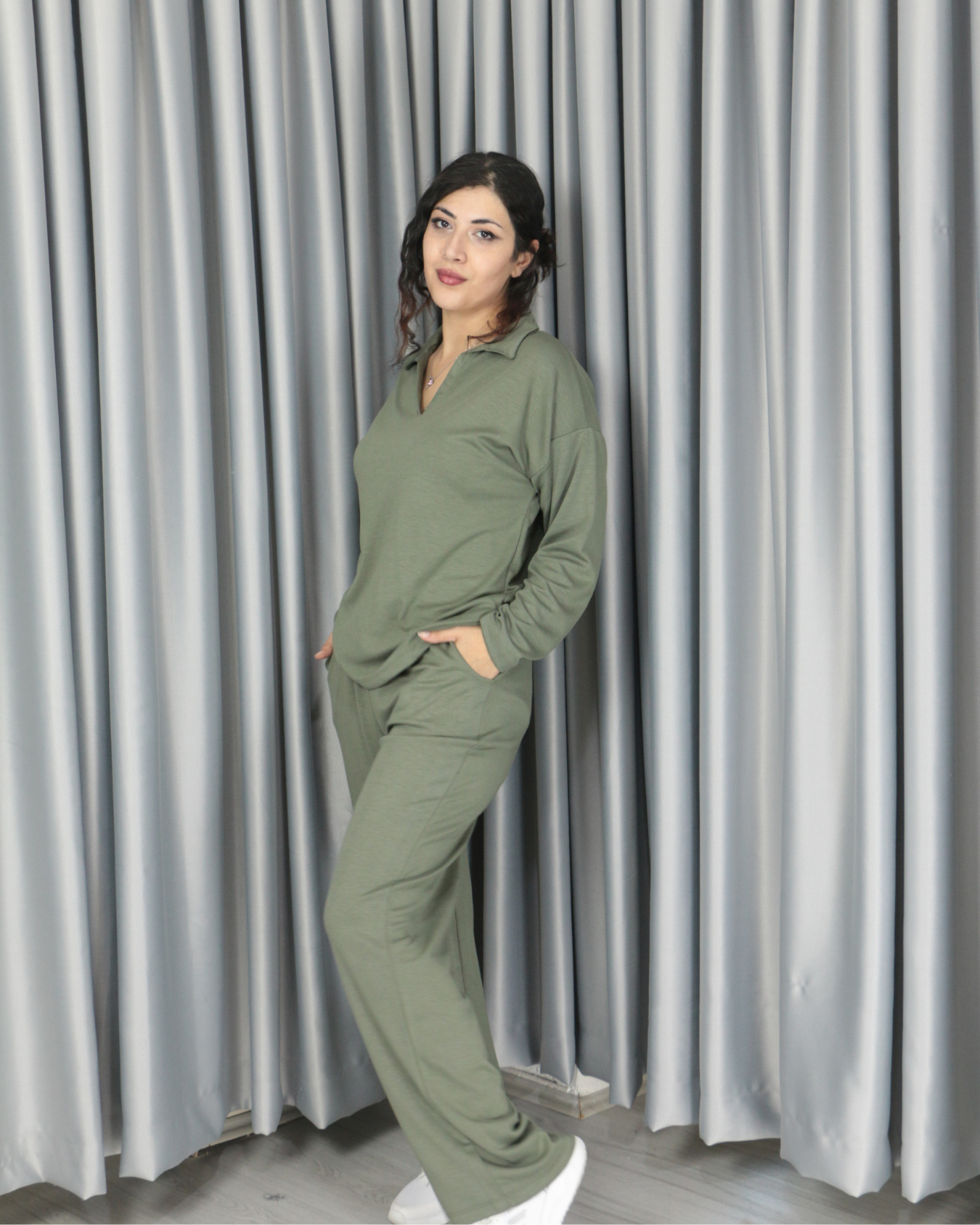 Modal dökümlü yumuşak dokulu polo yaka standart takım S - haki