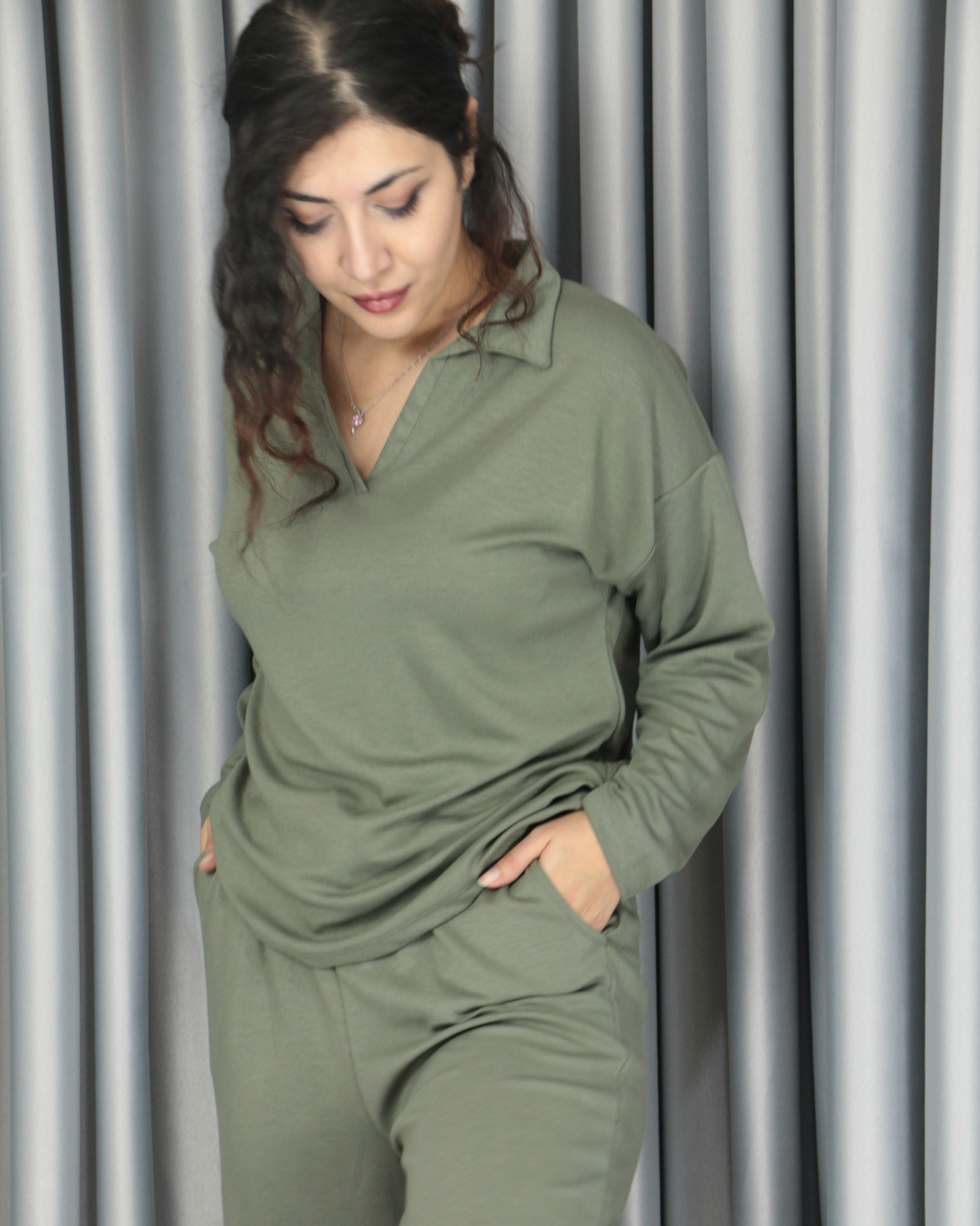Modal dökümlü yumuşak dokulu polo yaka standart takım XL - haki