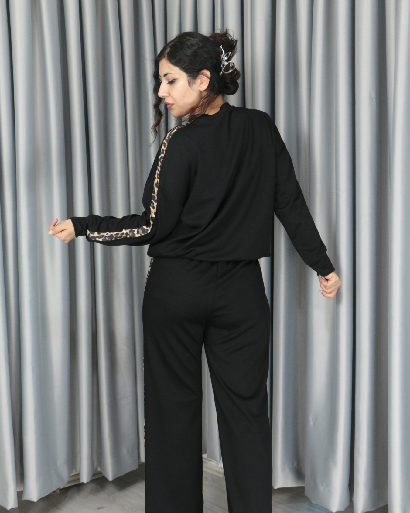 Modal yumuşak dokulu yanları leopar şeritli takım S - siyah