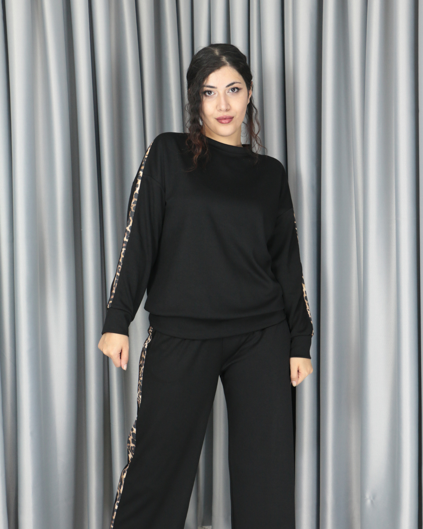 Modal yumuşak dokulu yanları leopar şeritli takım XL - siyah