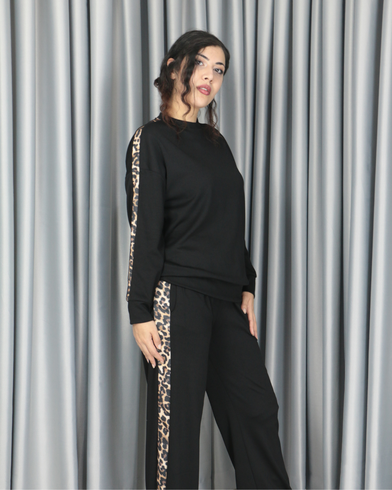 Modal yumuşak dokulu yanları leopar şeritli takım XL - siyah