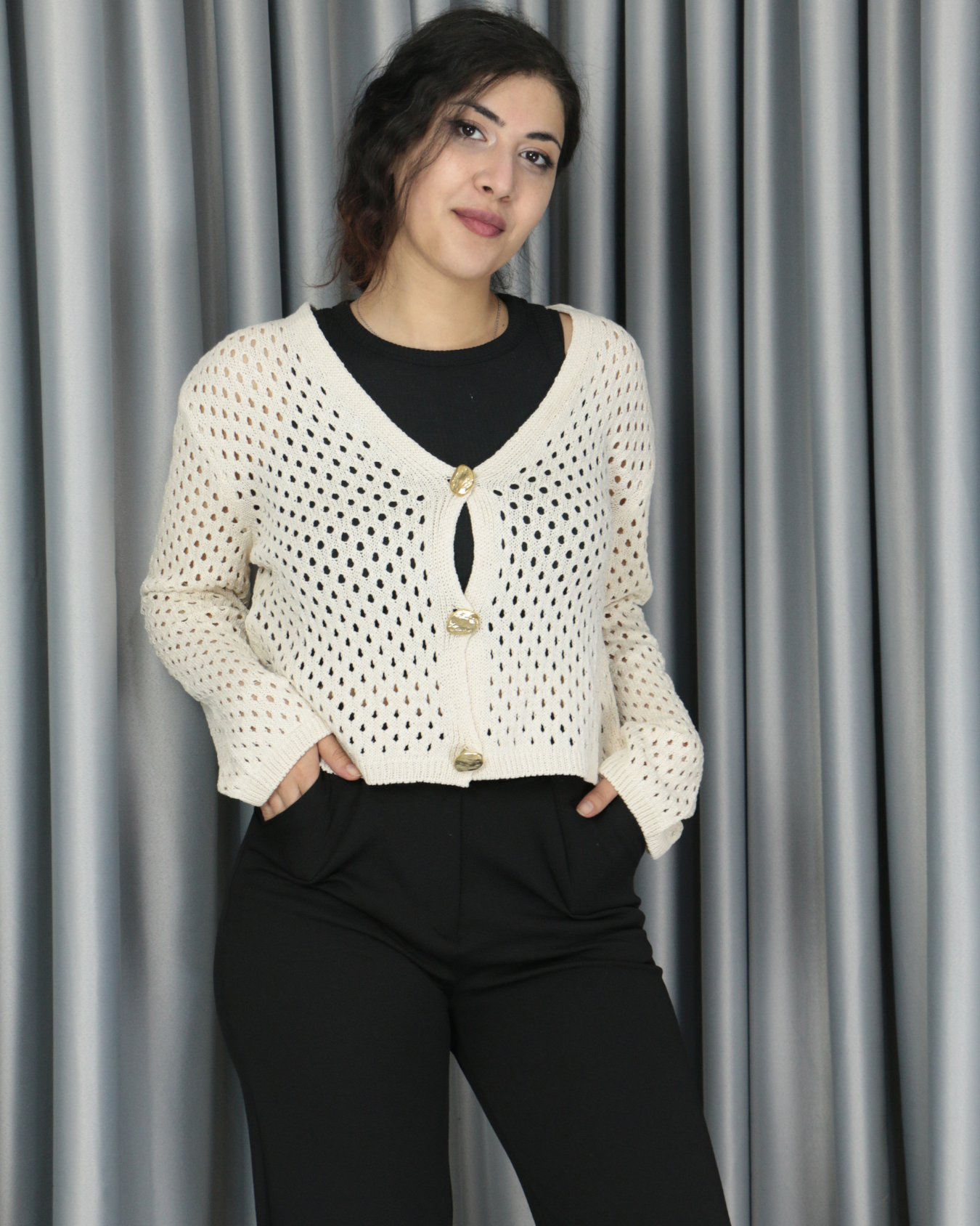 Triko ajurlu standart hırka Standart - Önden Düğmeli