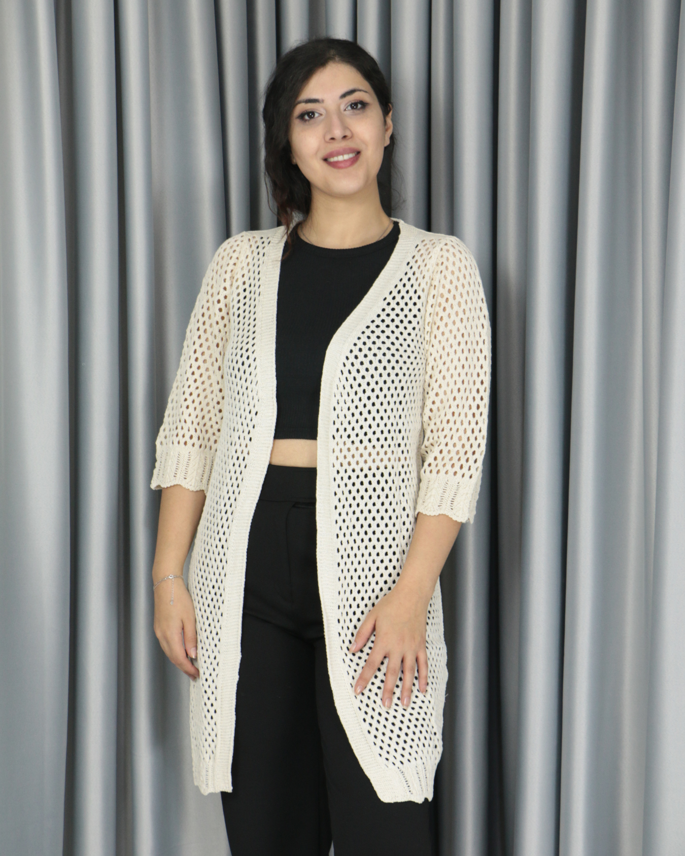 Triko ajurlu standart hırka Standart - Kapamasız uzun model