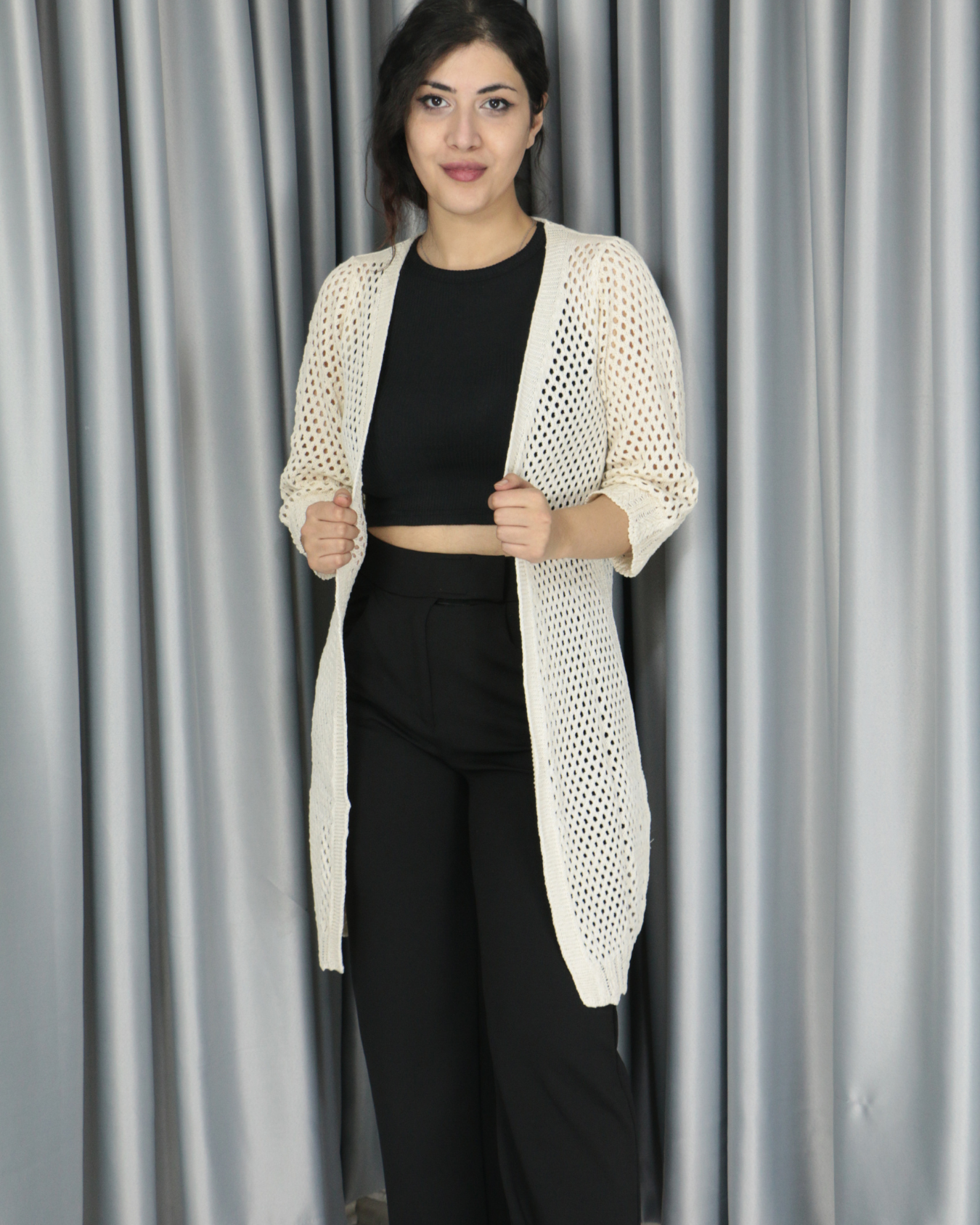 Triko ajurlu standart hırka Standart - Kapamasız uzun model