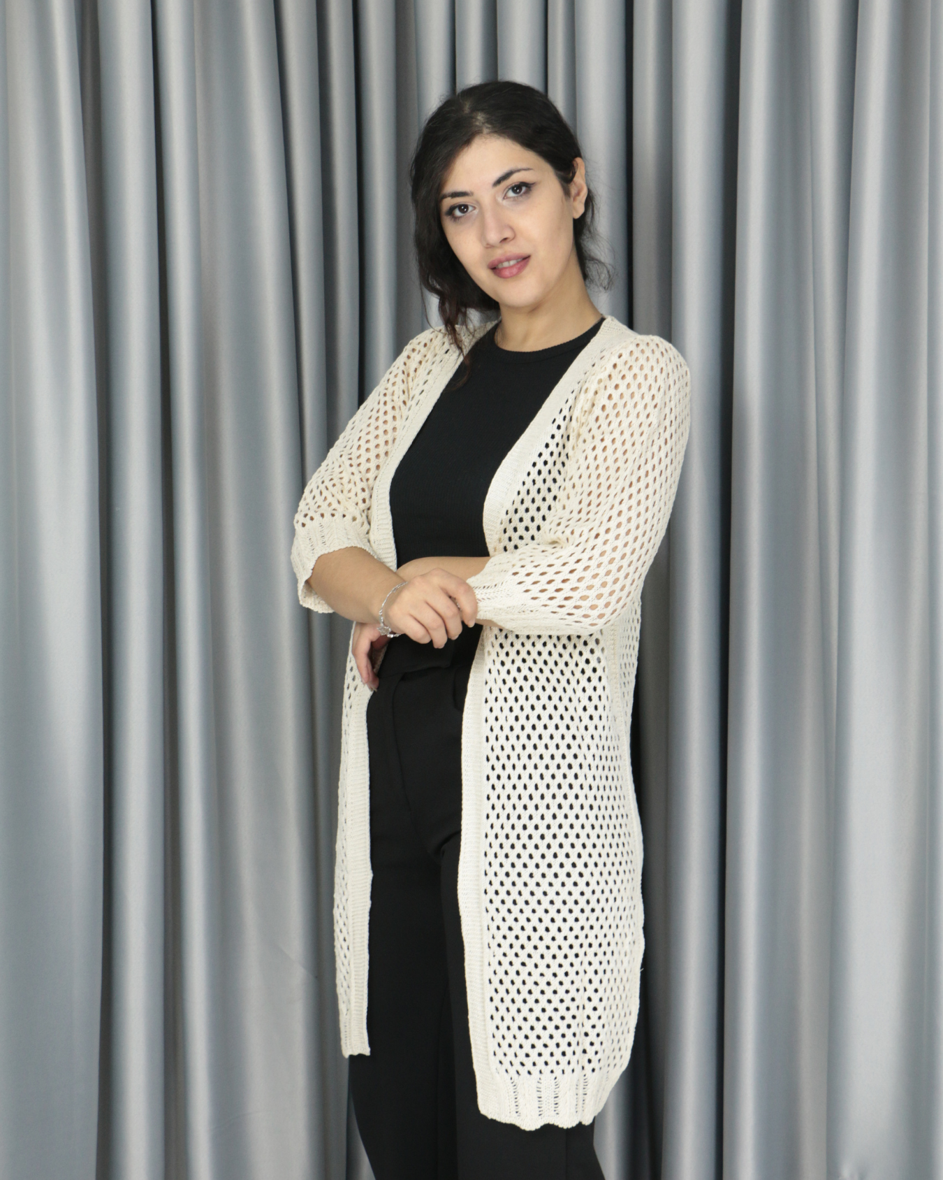 Triko ajurlu standart hırka Standart - Kapamasız uzun model