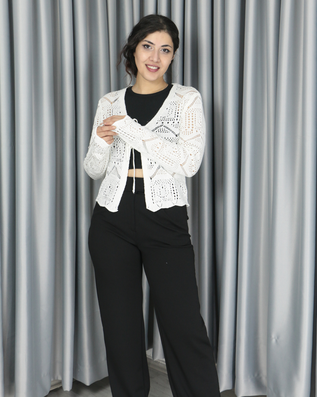 Triko ajurlu standart hırka Standart - Önden Bağlamalı Model