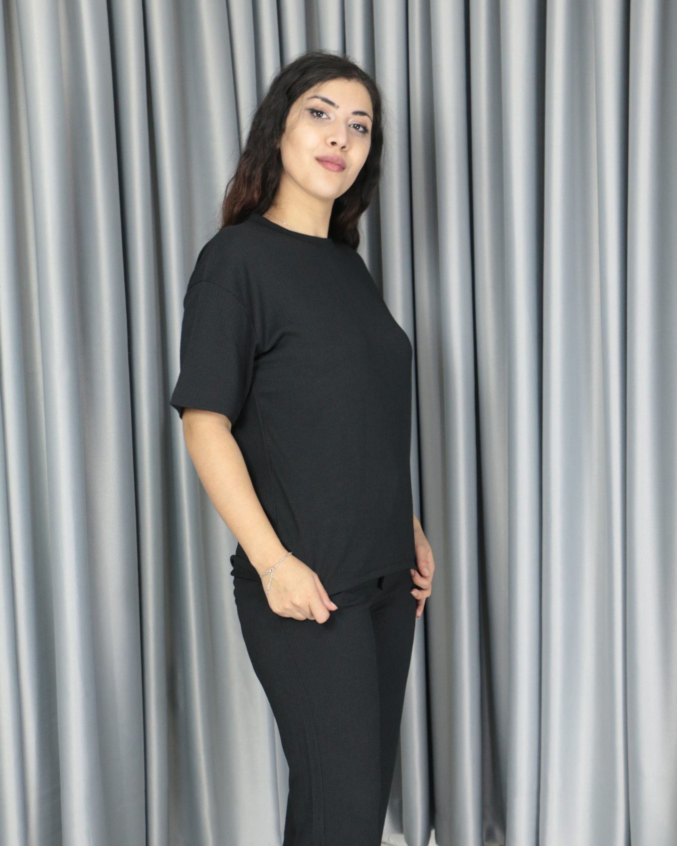 Bürümcük kumaş kısa kollu yazlık takım M - siyah