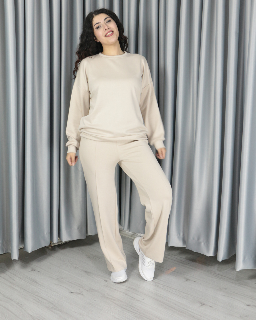 Kadın Yumuşak Dokulu Modal Kumaş Pantolonu Çımalı Alt Üst Takım S - bej