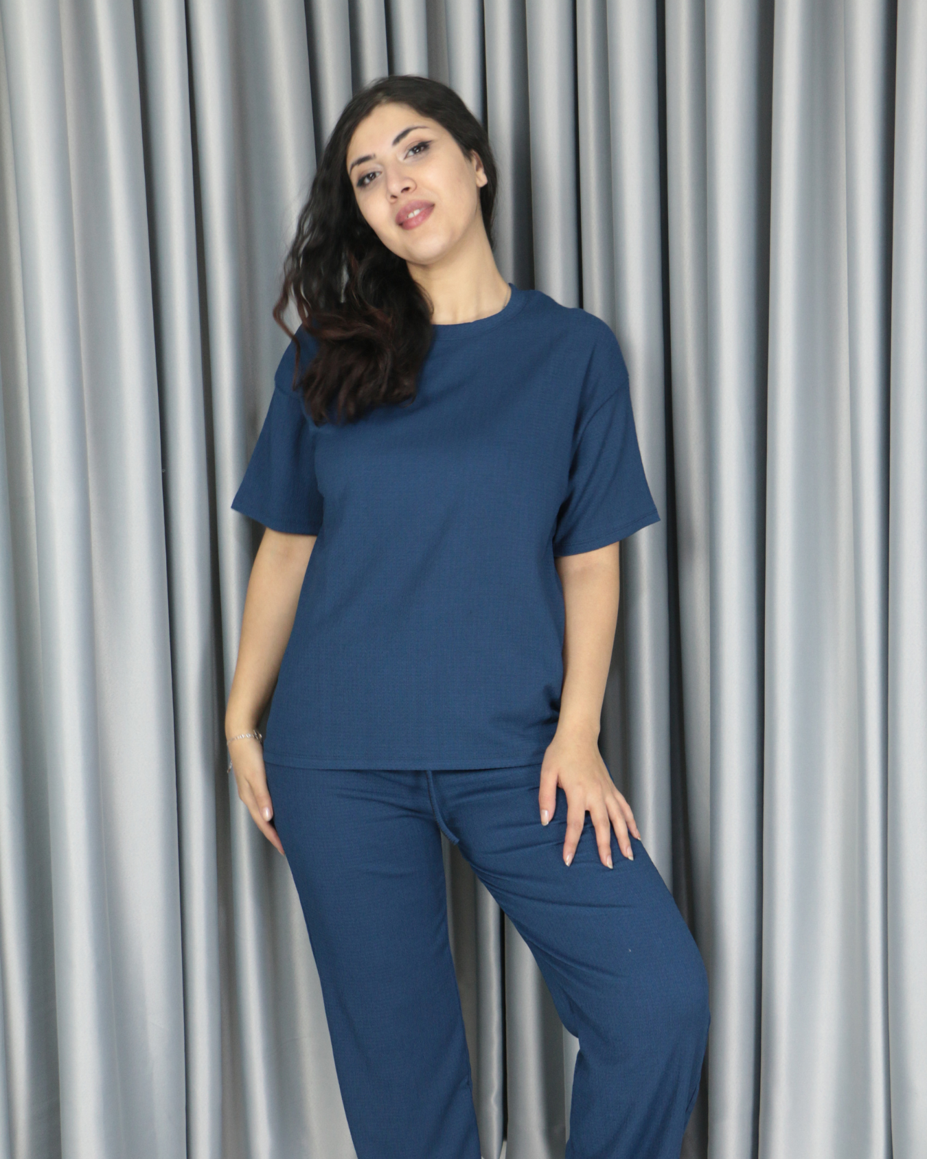 Bürümcük kumaş kısa kollu yazlık takım M - lacivert