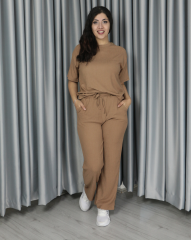 Bürümcük kumaş kısa kollu yazlık takım M - kahverengi