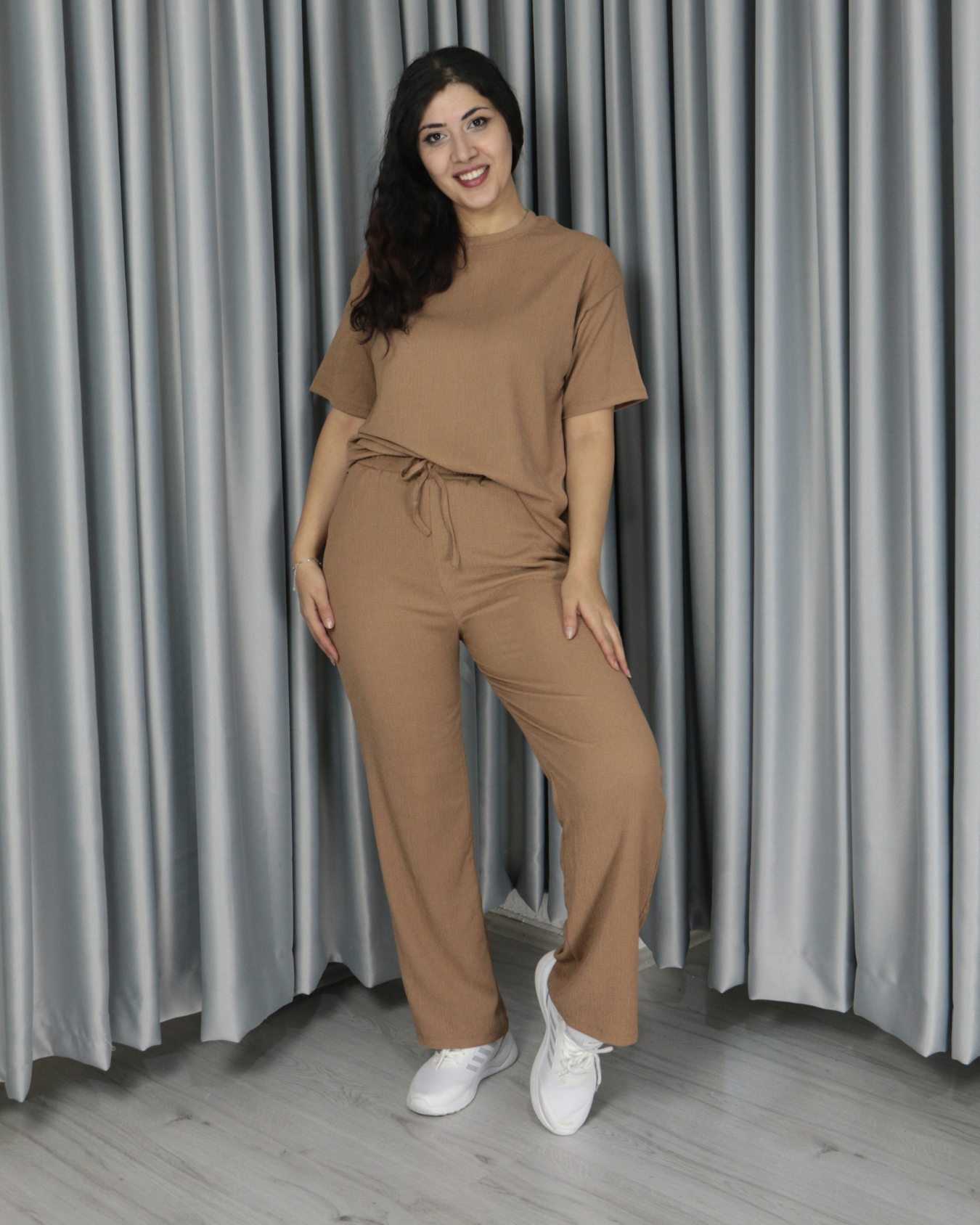 Bürümcük kumaş kısa kollu yazlık takım M - kahverengi