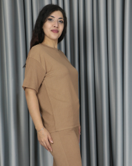 Bürümcük kumaş kısa kollu yazlık takım M - kahverengi