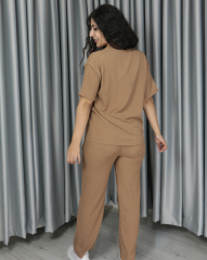 Bürümcük kumaş kısa kollu yazlık takım M - kahverengi