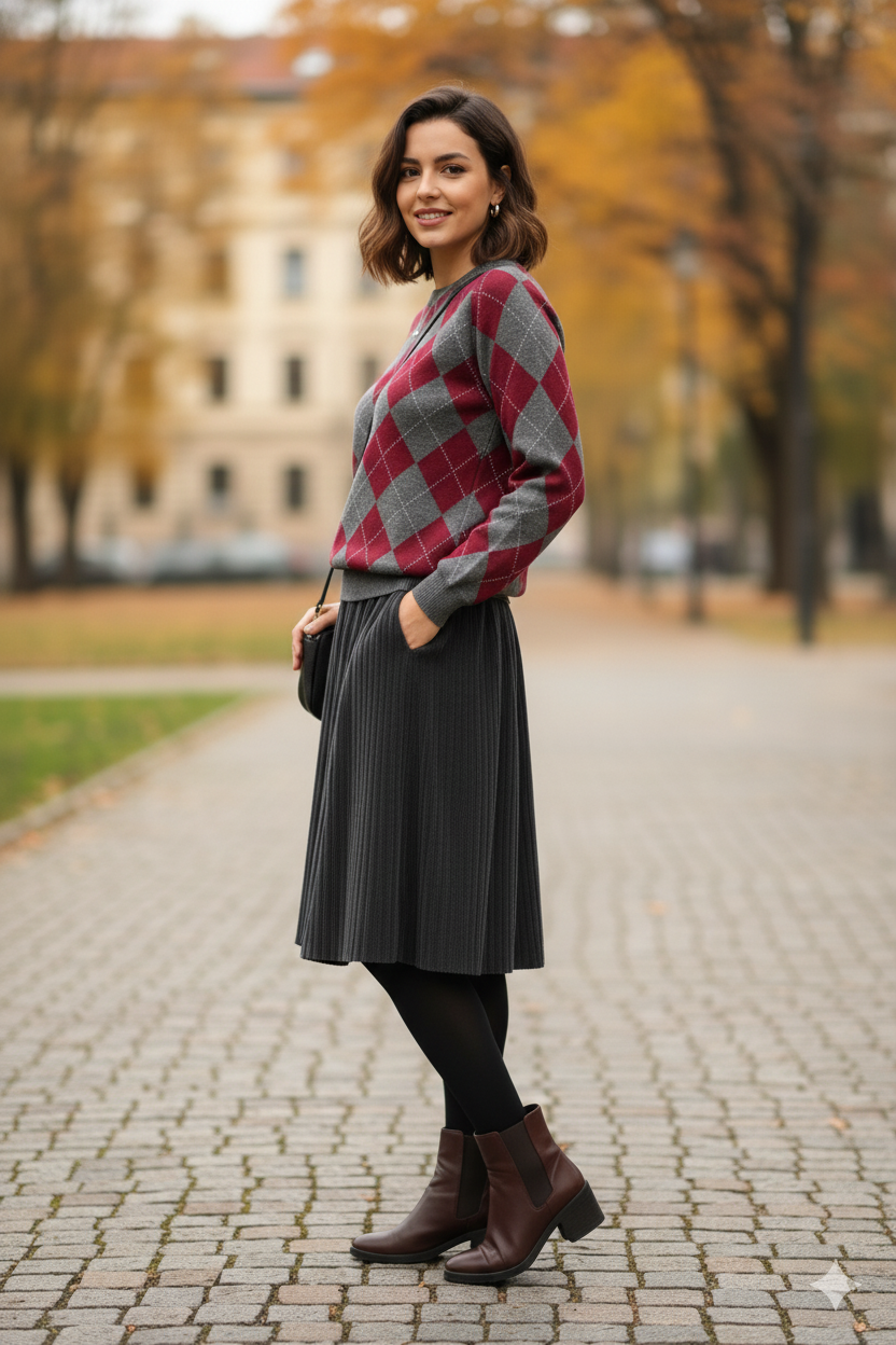 Kareli desenli standart triko kazak bordo - Standart