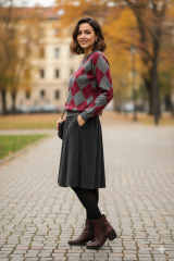 Kareli desenli standart triko kazak bordo - Standart