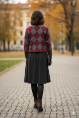 Kareli desenli standart triko kazak bordo - Standart