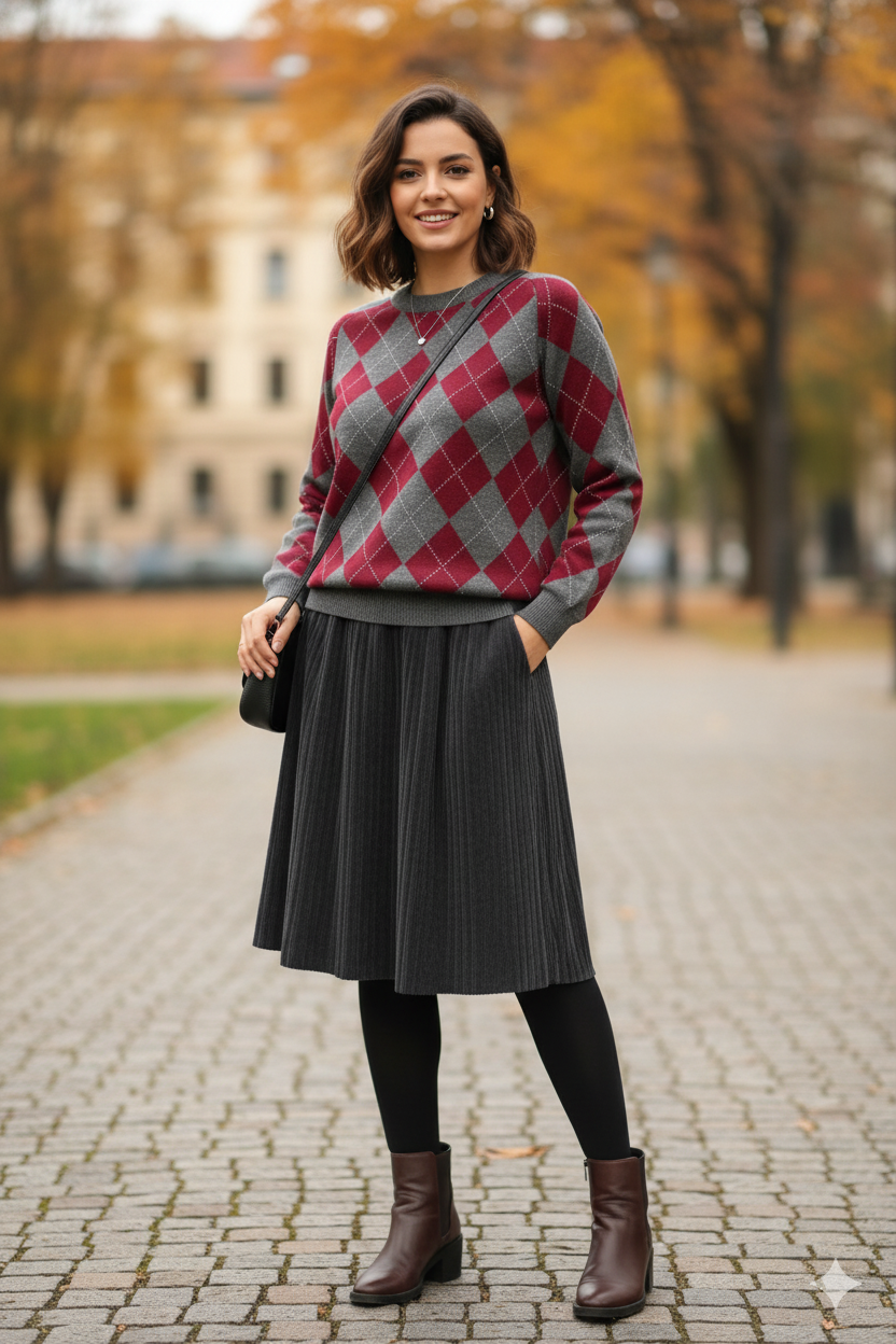 Kareli desenli standart triko kazak bordo - Standart