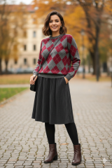 Kareli desenli standart triko kazak bordo - Standart