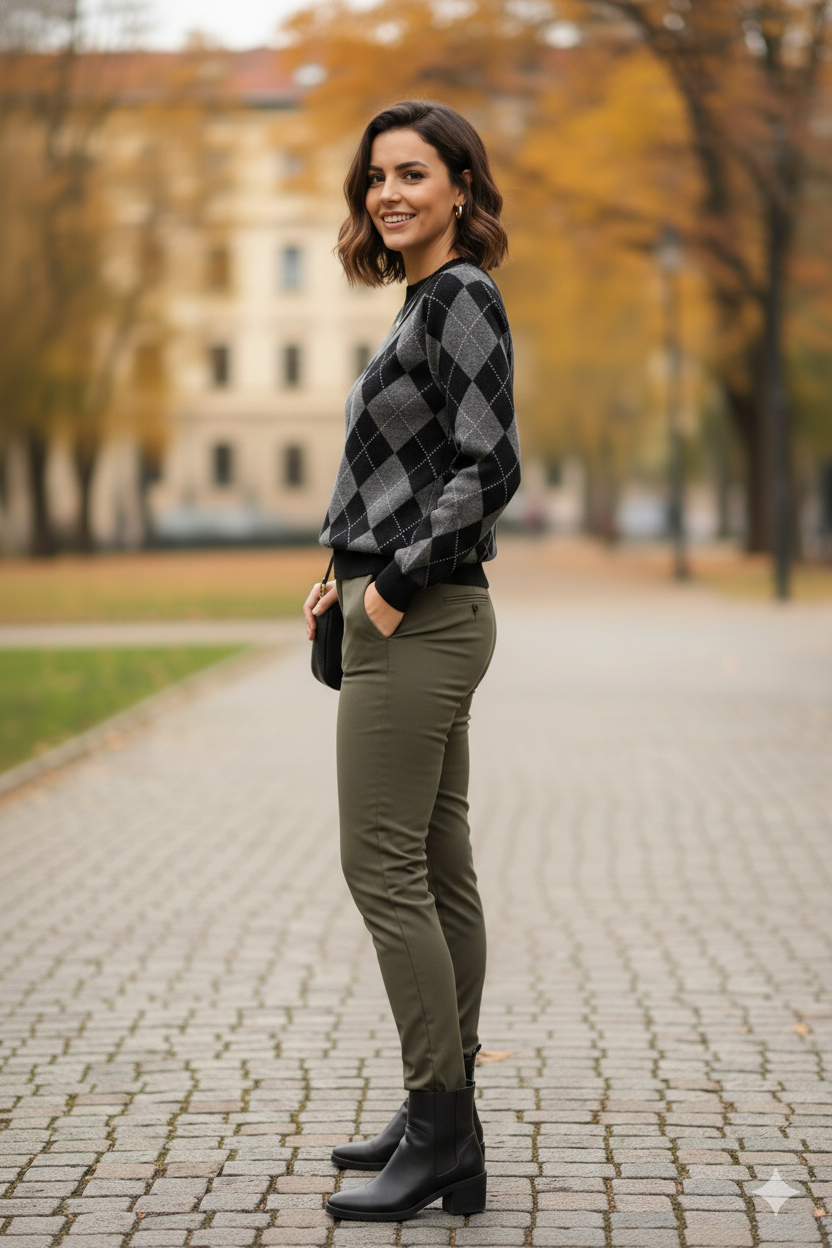 Kareli desenli standart triko kazak siyah - Standart