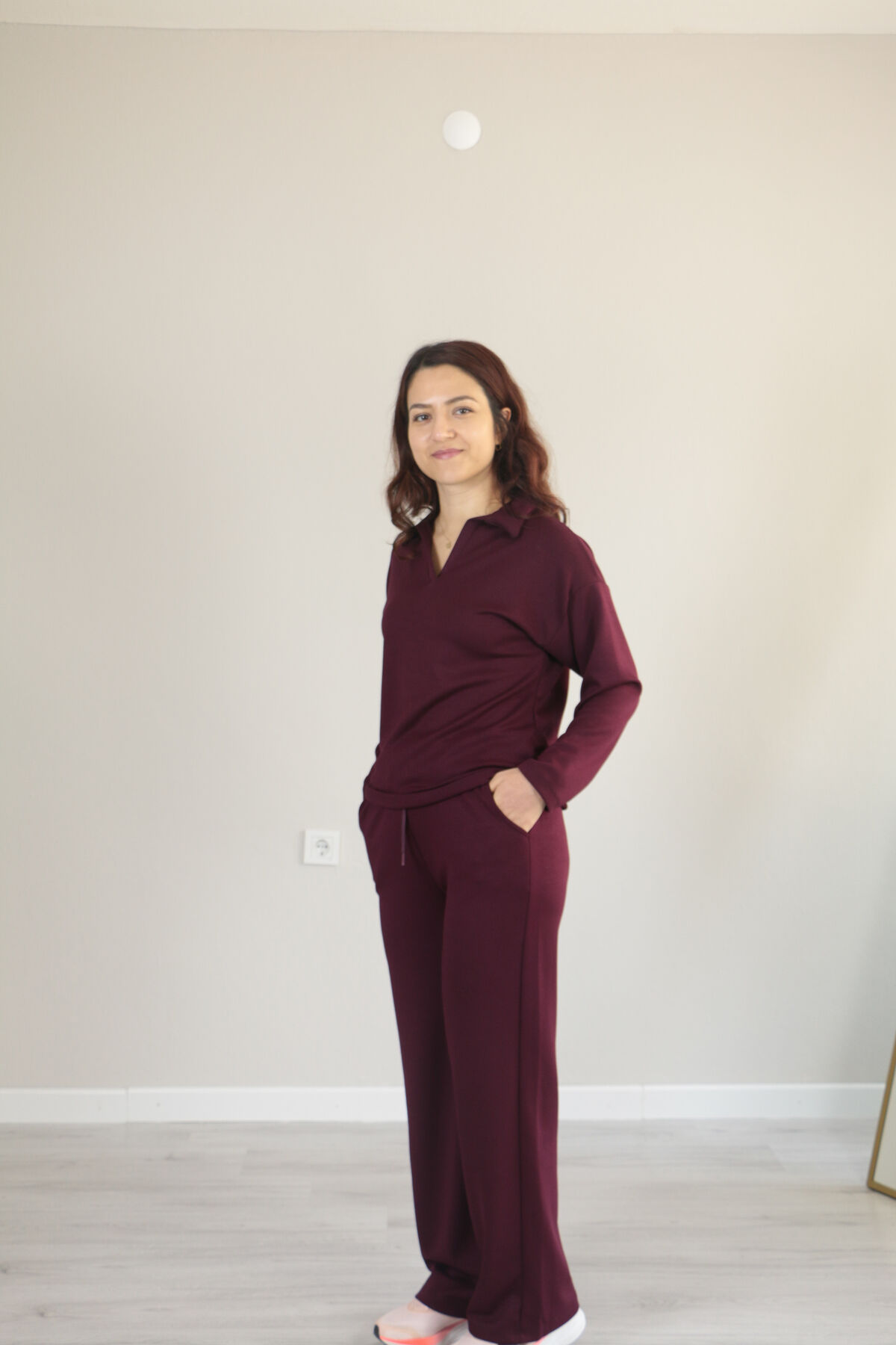 Modal dökümlü yumuşak dokulu polo yaka takım S - bordo