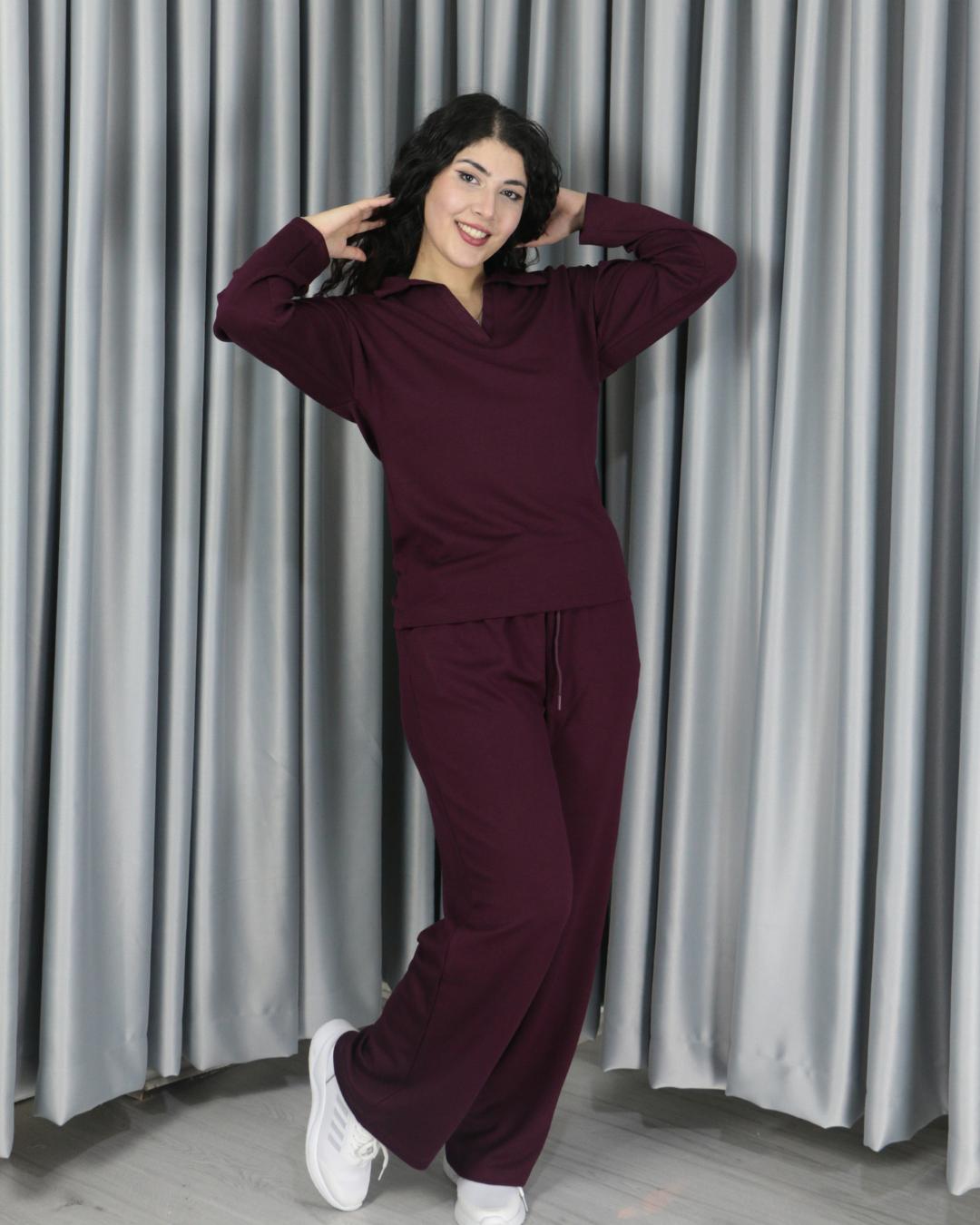 Modal dökümlü yumuşak dokulu polo yaka takım L - bordo